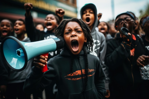 Un jeune garçon afro-américain criant avec un mégaphone lors d'une manifestation