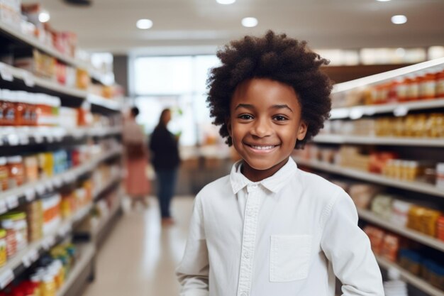 un jeune garçon afro-américain heureux vendeur consultant sur le fond des étagères avec des produits dans le magasin