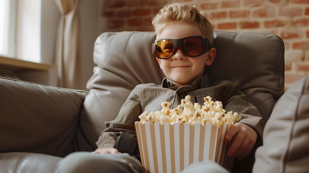 Un jeune garçon aime le cinéma à la maison avec du pop-corn dans des lunettes de soleil activité de loisirs détendue et amusante portrait de style de vie intérieur IA
