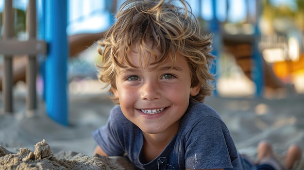 Jeune garçon allongé sur le sable sur un terrain de jeu Portrait en gros plan avec une structure de terrain de jeu