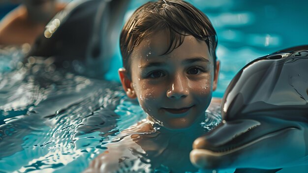 Jeune garçon appréciant les leçons de natation souriant dans l'eau de la piscine enfant s'amusant dans le mode de vie aquatique et les activités de loisirs IA