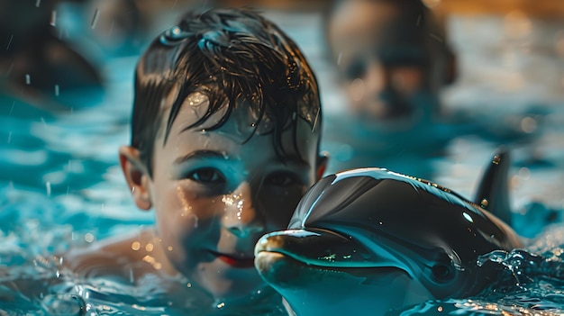 Jeune garçon appréciant le temps à la piscine avec un jouet dauphin enfants d'été amusant jeu aquatique vibrant moment joyeux de l'enfance IA