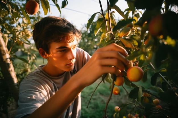 Un jeune garçon apprend à récolter des fruits fabriqués avec une IA générative