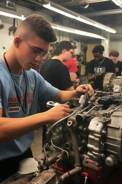 Un jeune garçon apprend à réparer un moteur Un apprenti étudiant apprend le métier Conception de travail et d'apprentissage Leçon d'atelier d'école de mécanique Un homme travaille sur des pièces de voiture et apprend à reparer des moteurs