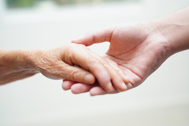 Un jeune garçon asiatique tenant la main d'une vieille grand-mère avec amour et soin.