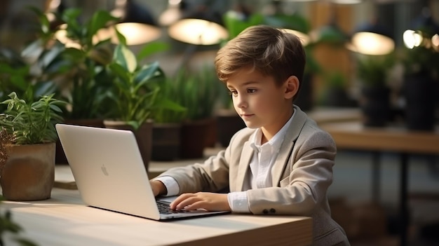 Un jeune garçon assis à un bureau avec un ordinateur portable