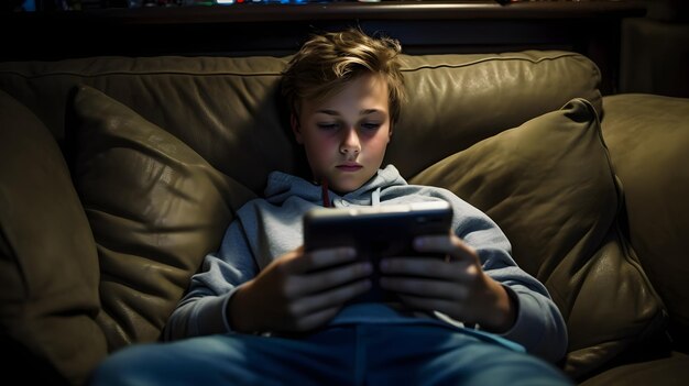 Photo un jeune garçon assis sur un canapé regardant un téléphone portable ia générative