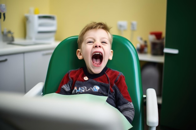 Un jeune garçon assis sur une chaise de dentiste avec la bouche ouverte créée avec une IA générative