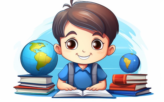 Un jeune garçon assis à son bureau avec des livres et un globe