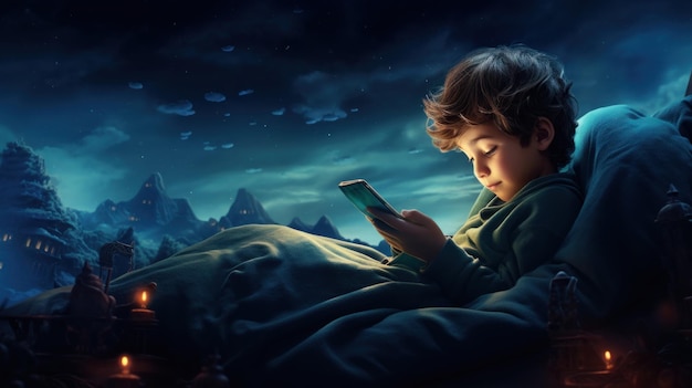 Un jeune garçon au lit avec un téléphone