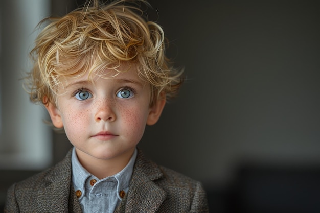 Un jeune garçon aux cheveux blonds et aux yeux bleus