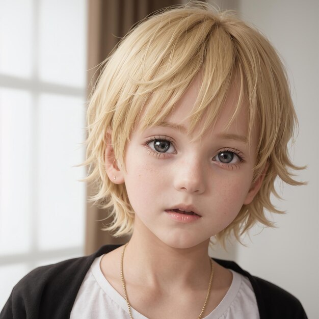 un jeune garçon aux cheveux blonds et une chemise noire avec une chemise blanche qui dit " le mot ".