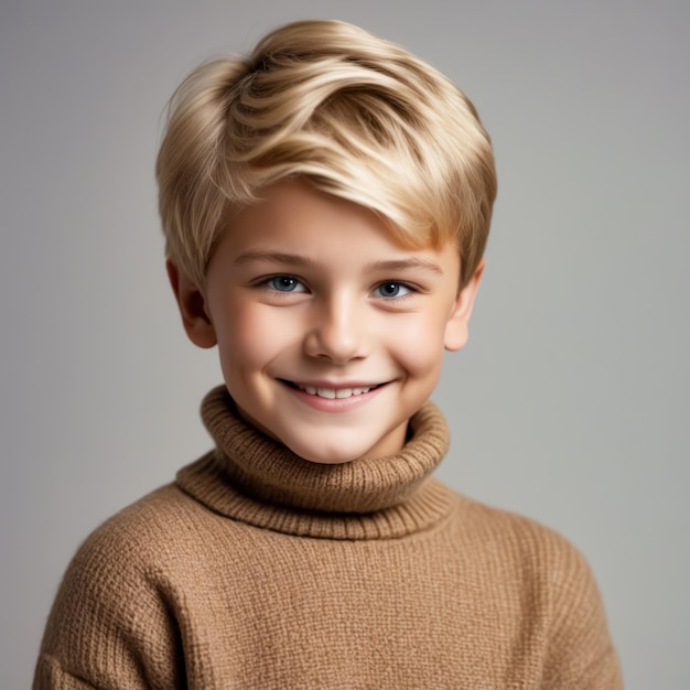 Un jeune garçon aux cheveux blonds porte un pull brun et sourit.