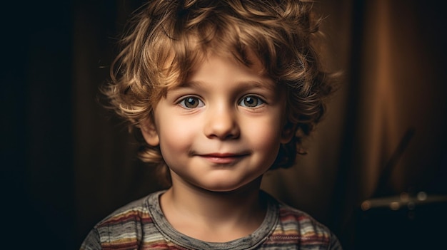 Un jeune garçon aux cheveux bouclés et à la chemise rayée se tient devant un fond sombre.