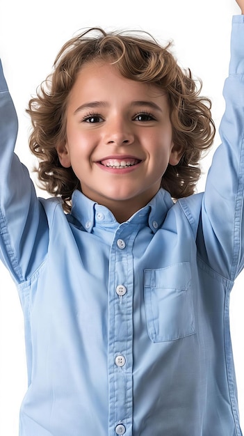 Un jeune garçon aux cheveux bouclés lève les mains.