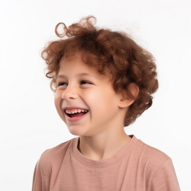 Un jeune garçon aux cheveux roux bouclés sourit et a un fond blanc.