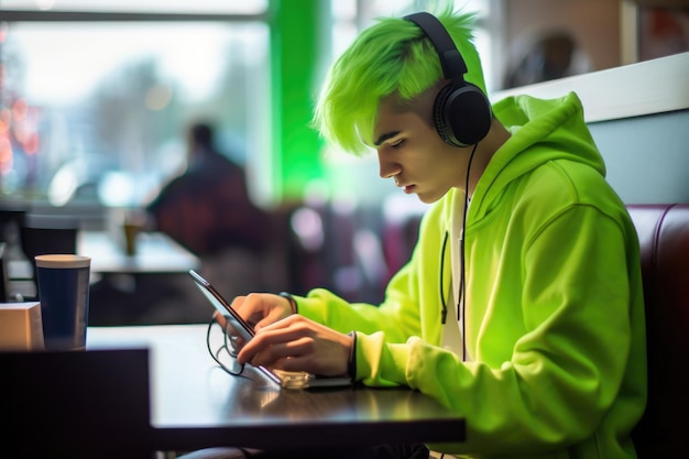 Jeune garçon aux cheveux vert néon utilisant une tablette dans un café AI Contenu généré