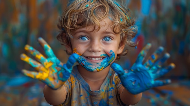 Jeune garçon aux mains peintes en bleu et en jaune