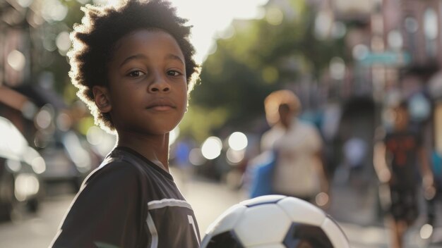 Photo un jeune garçon avec un ballon de football se tient avec confiance dans une rue urbaine ensoleillée