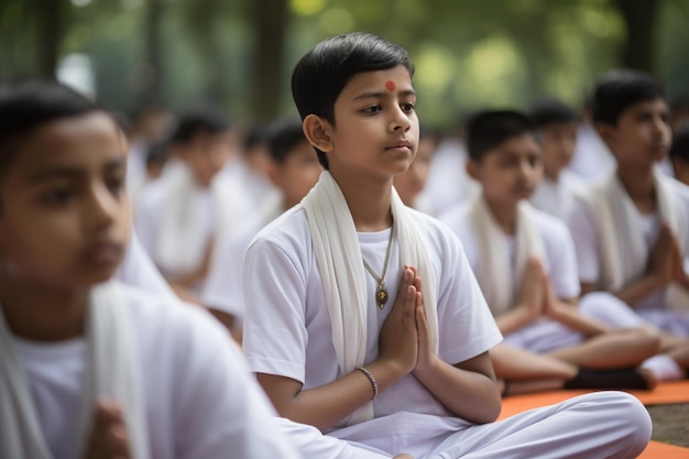 Un jeune garçon en blanc est assis dans un cours de yoga avec les mots " yoga " sur le devant.