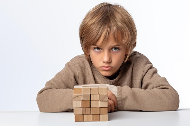 Jeune garçon blond caucasien avec un puzzle en bois concept de santé mentale de l'enfant trouble du spectre de l'autisme concept de sensibilisation éducation espace de copie d'arrière-plan intérieur