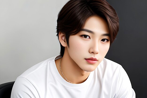 Jeune garçon de bureau de beauté asiatique cheveux bruns avec style de maquillage coréen sur le visage avec fond de studio