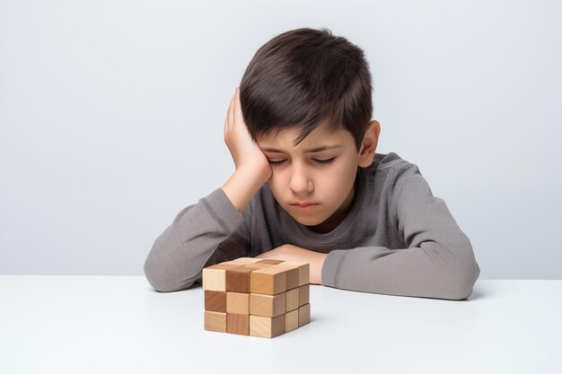 Jeune garçon caucasien aux cheveux noirs avec un puzzle en bois concept de santé mentale de l'enfant trouble du spectre de l'autisme sensibilisation concept éducation sur fond gris espace de copie