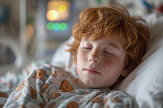 Un jeune garçon caucasien dort dans l'unité de soins intensifs d'un hôpital.