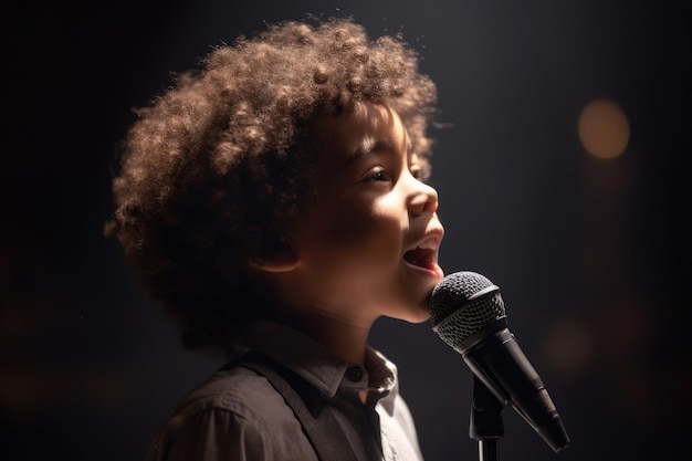 Photo un jeune garçon chantant dans un microphone créé avec une ia générative