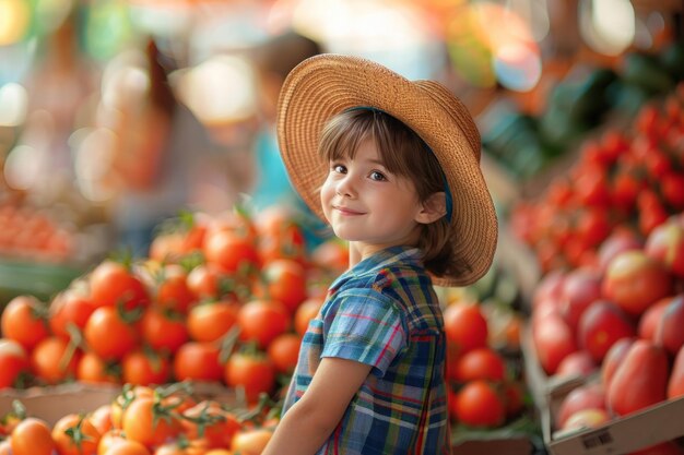 Un jeune garçon avec un chapeau de paille au kiosque à fruits