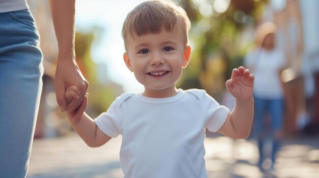 Photo un jeune garçon avec une chemise blanche tient ses mains et sourit