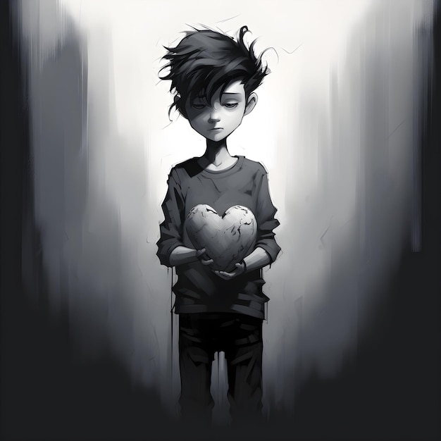 un jeune garçon avec un coeur noir et blanc comme photo de profil