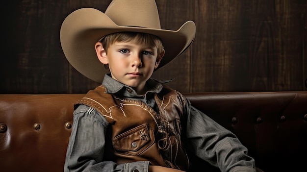 Un jeune garçon coiffé d'un chapeau de cow-boy est assis sur une chaise.