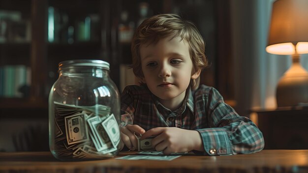Jeune garçon comptant ses économies dans un pot apprenant la gestion de l'argent concept d'éducation financière de l'enfance IA