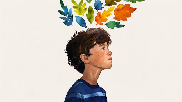 Un jeune garçon contemple la nature sous des feuilles abstraites colorées illustrant la fin de l'été