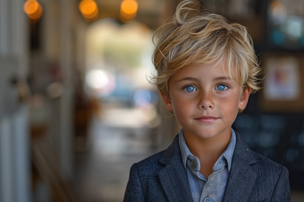 Jeune garçon en costume et cravate regardant la caméra