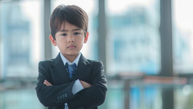 Un jeune garçon en costume déborde de confiance, les bras croisés dans un bureau moderne.