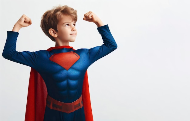 Un jeune garçon en costume de super-héros fait une pose triomphale sur un fond blanc.