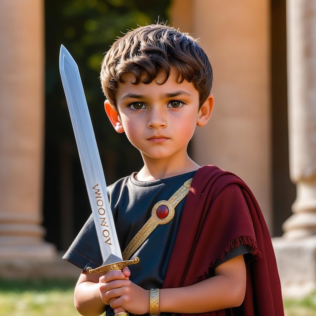 Un jeune garçon en costume tient une épée.