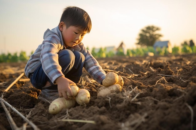 un jeune garçon cueille des pommes de terre dans un champ