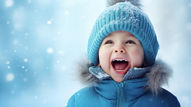 Un jeune garçon dans une veste bleue et un chapeau appréciant le temps enneigé