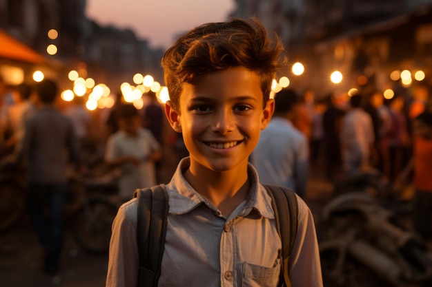 un jeune garçon debout au milieu d’une rue bondée la nuit