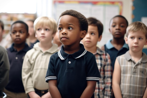 Un jeune garçon debout en classe avec ses camarades de classe créé avec une IA générative