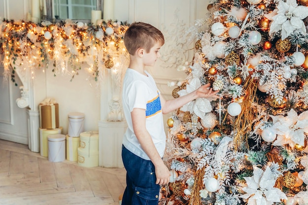 Jeune garçon, décoration, arbre noël