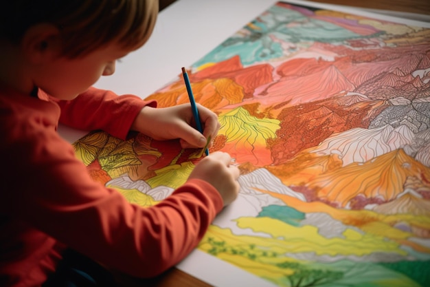 Un jeune garçon dessinant des feuilles sur un papier.