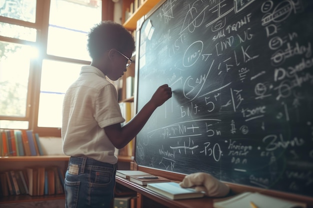 Photo un jeune garçon écrit des équations sur le tableau de la salle de classe