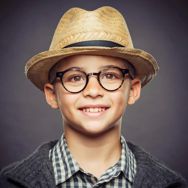 Photo un jeune garçon élégant souriant portant des lunettes et un chapeau avec style