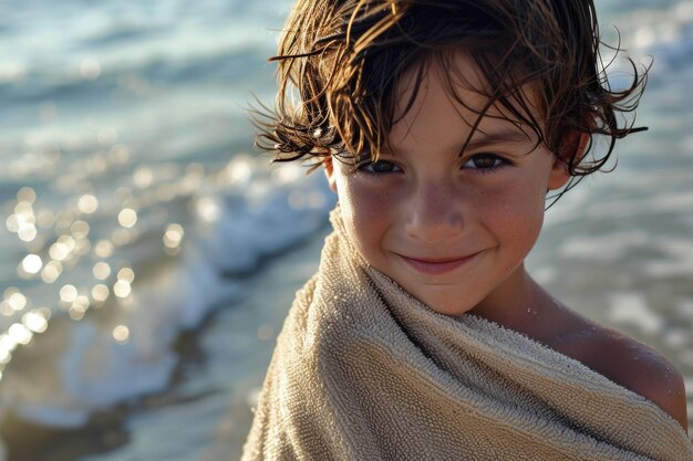 Un jeune garçon enjoué sur la plage enveloppé dans une serviette beige clignotant et souriant malicieusement