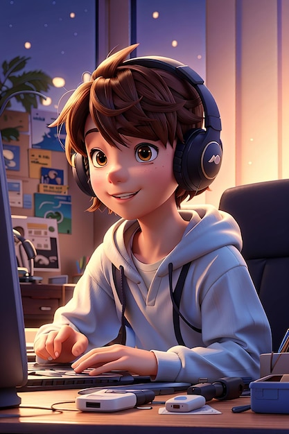 Jeune garçon entendant de la musique sur ordinateur illustration de personnage 3d