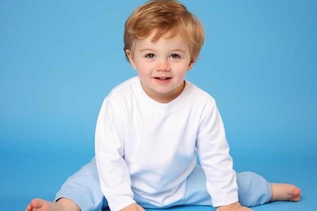 un jeune garçon est assis sur une couverture bleue et sourit